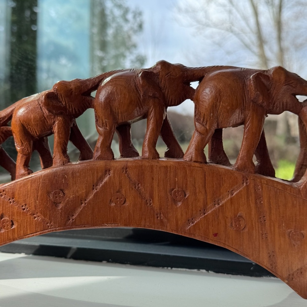 Vintage Hand Carved Wooden Elephant Bridge Figurine